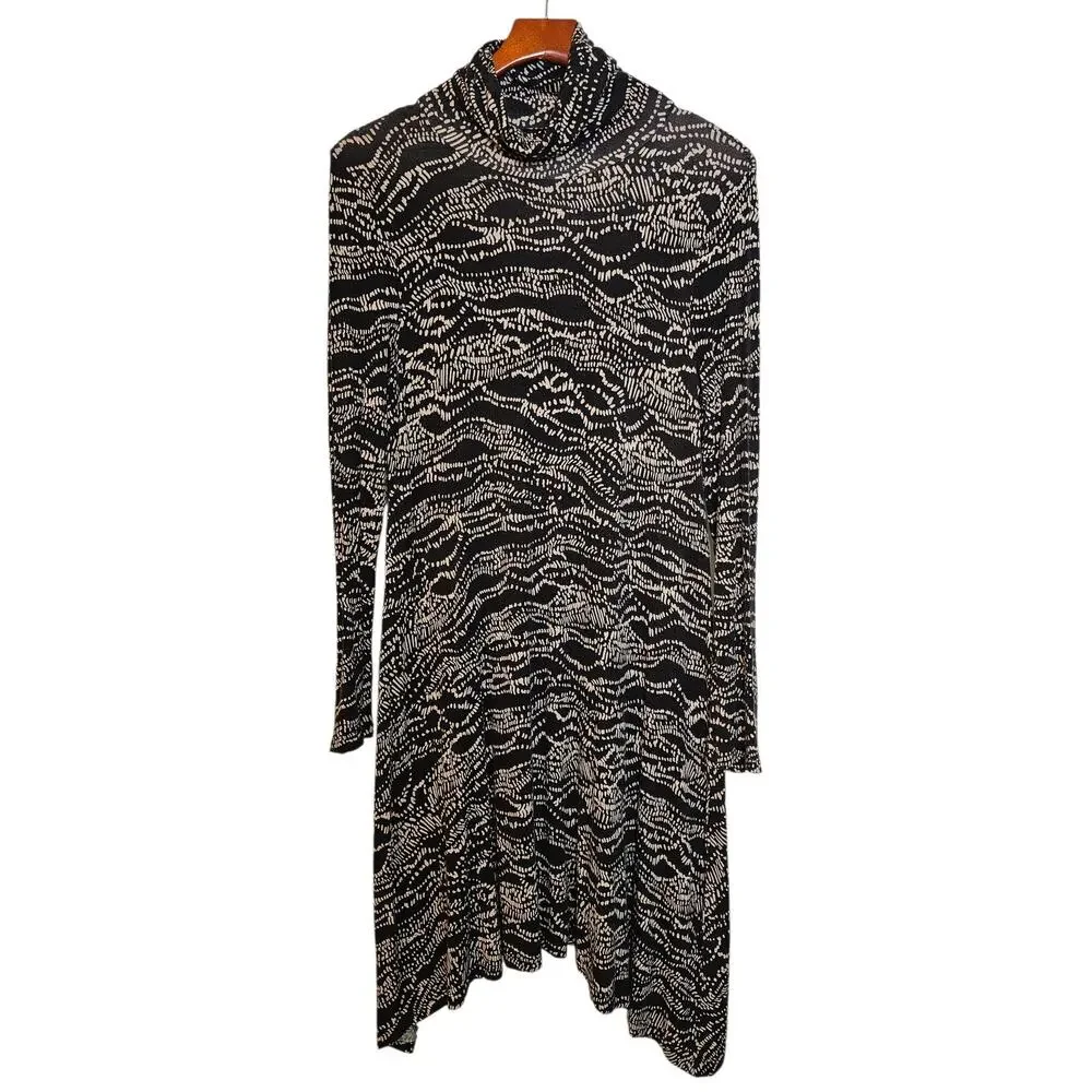 Maeve Anthropologie Black & White Turtleneck Dark Academia Swing Stretch Dress